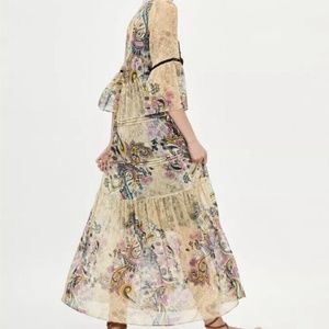 ZARA Floral Flowing MIDI Long DRESS Flare Sleeves Hippie Boho.
